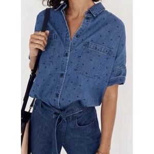 Madewell Denim Blue Short-Sleeve XS Cotton Polka Dot Button Up Shirt